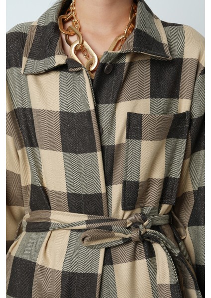 Kadın Ekose Desenli Tek Cepli Kuşaklı Tesettür Gömlek-Ceket modelleri