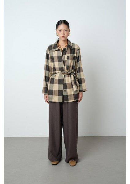 Kadın Ekose Desenli Tek Cepli Kuşaklı Tesettür Gömlek-Ceket fırsatları