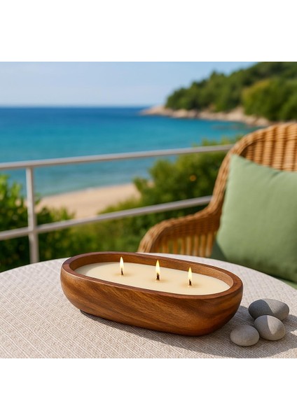 Ahşap Kayık Tabakta Kokulu Soya Mum – 3 Fitilli, ve Şık Tasarım