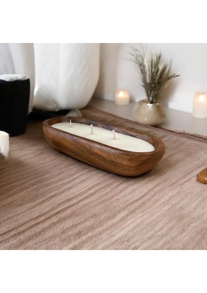 Ahşap Kayık Tabakta Kokulu Soya Mum – 3 Fitilli, ve Şık Tasarım modelleri