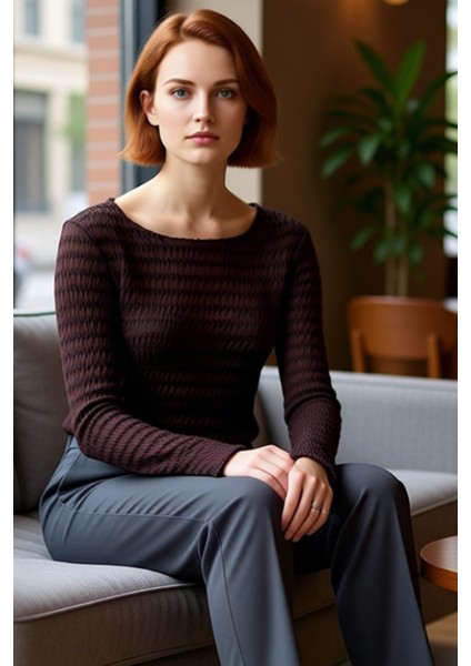 Kadın Moda Şık Regular Bisiklet Yaka Slim Kalıp Örme Fitted Vücuda Oturan Dokulu Tül Esnek Bluz