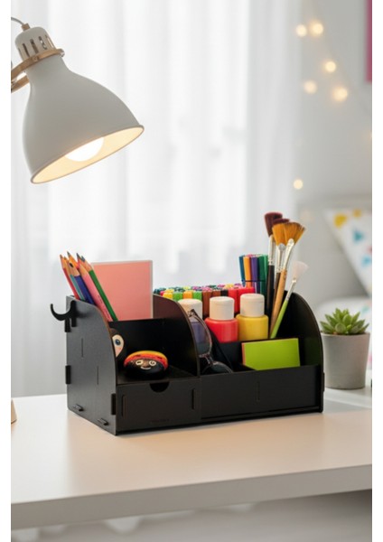 Orbit 6 Gözlü, Çekmeceli Masaüstü Ahşap Organizer Kalemlik- Takı Makyaj Çok Amaçlı Organizer