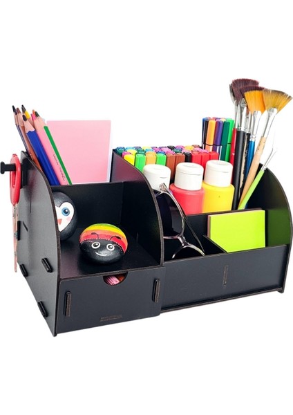 Orbit 6 Gözlü, Çekmeceli Masaüstü Ahşap Organizer Kalemlik- Takı Makyaj Çok Amaçlı Organizer