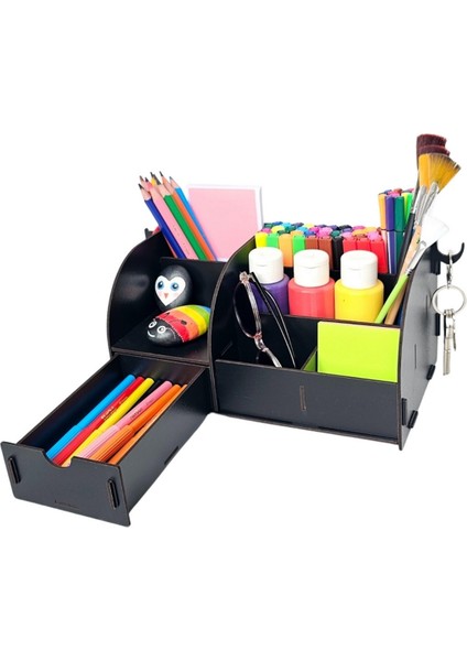 Orbit 6 Gözlü, Çekmeceli Masaüstü Ahşap Organizer Kalemlik- Takı Makyaj Çok Amaçlı Organizer