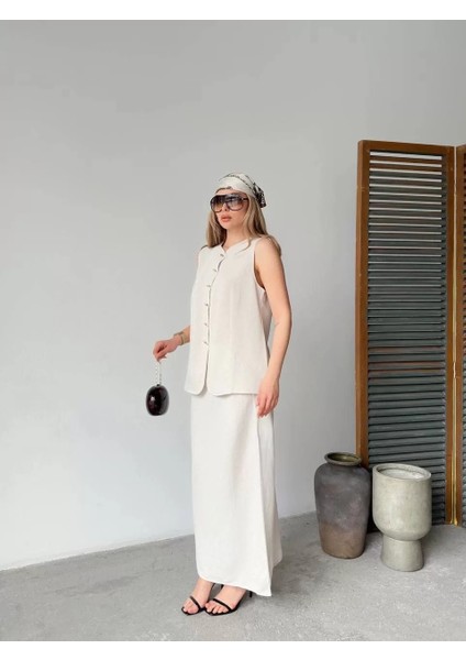 Keten Kolsuz Sıfır Yaka Ilik Düğmeli Kolsuz Hırka Etek Ikili Takım- Beyaz