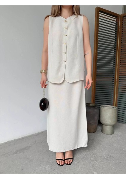 Keten Kolsuz Sıfır Yaka Ilik Düğmeli Kolsuz Hırka Etek Ikili Takım- Beyaz modelleri
