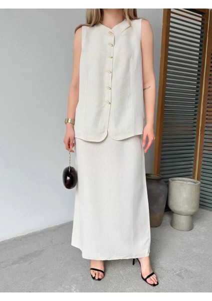 Keten Kolsuz Sıfır Yaka Ilik Düğmeli Kolsuz Hırka Etek Ikili Takım- Beyaz fırsatları