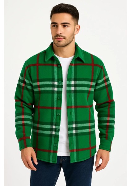 Erkek Ekose Desenli Düğmeli Polar Yakalı Uzun Kollu Gömlek Oversize Rahat Kalıp - Yeşil