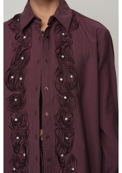 Kadın Gül ve Taş Şerit Işlemeli Düz Gömlek fiyatları