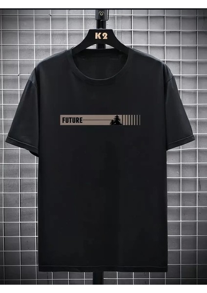 20/1 Penye Compack Futre Baskılı Oversize Kısa Kol Bisiklet Yaka T-Shirt - Siyah