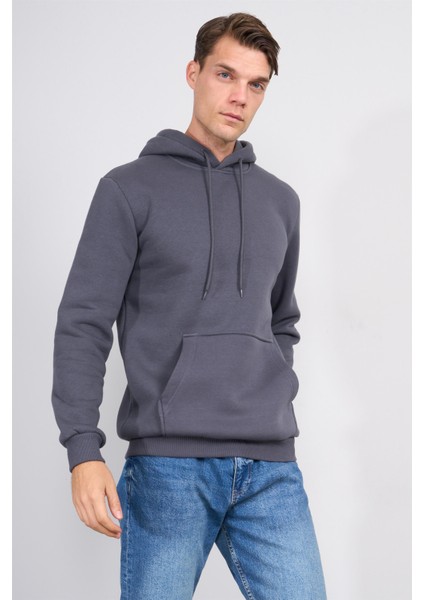 Çetinkaya Mentality 3035 3 Ip Kapşonlu Düz Koyu Gri Sweatshirt