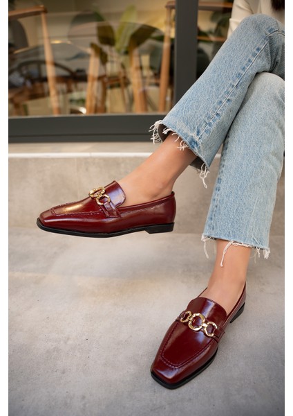 Biens Bordo Deri Düz Taban Gold Detaylı Ayakkabı modelleri