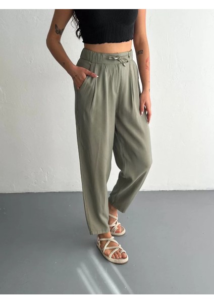 Kadın Yüksel Bel Beli Bağcıklı Cepli Rahat Paça Pantalon - Su Yeşili