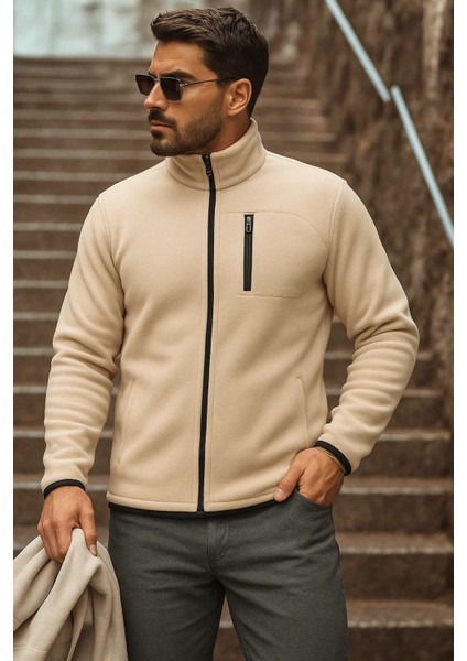 Erkek Fermuarlı Trend Kışlık Cepli Krem Polar Hırka fiyatları