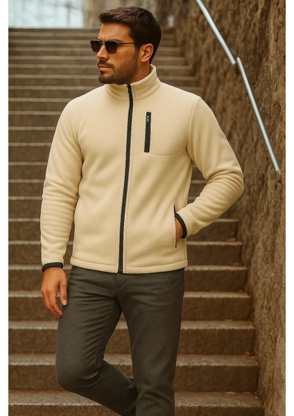Erkek Fermuarlı Trend Kışlık Cepli Krem Polar Hırka modelleri