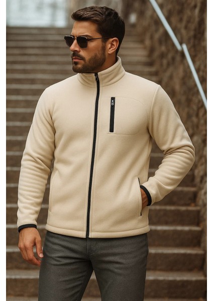 Erkek Fermuarlı Trend Kışlık Cepli Krem Polar Hırka fırsatları