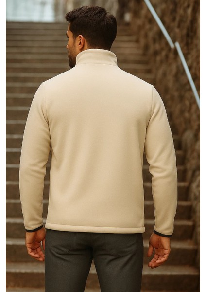 Erkek Fermuarlı Trend Kışlık Cepli Krem Polar Hırka