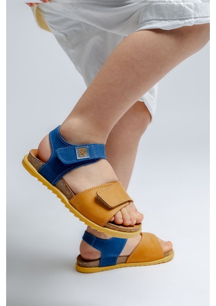 Unisex Çocuk Sarı-Saks Hakiki Deri Mantar Tabanlı Günlük Çocuk Sandalet