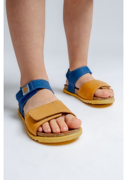 Unisex Çocuk Sarı-Saks Hakiki Deri Mantar Tabanlı Günlük Çocuk Sandalet