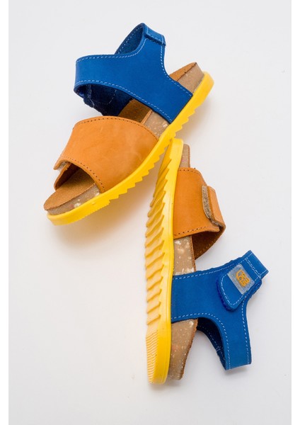 Unisex Çocuk Sarı-Saks Hakiki Deri Mantar Tabanlı Günlük Çocuk Sandalet