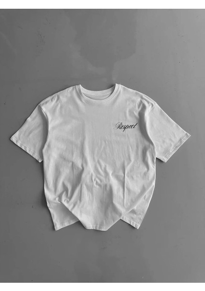 20/1 Penye Compack Baskılı Oversize Bisiklet Yaka Kısa Kol Yazlık T-Shirt - Beyaz