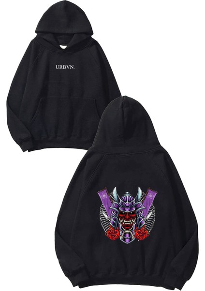 Japanese Demon Tasarım Baskılı Oversize Siyah Kapüşonlu Sweatshirt