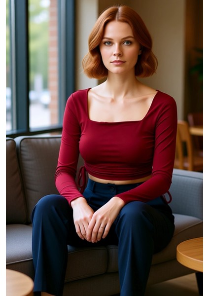 Kadın Fitted Kare Yaka Büzgülü Uzun Kollu Crop Örme Üst Giyim Kaliteli Şık Rahat Modern Zarif