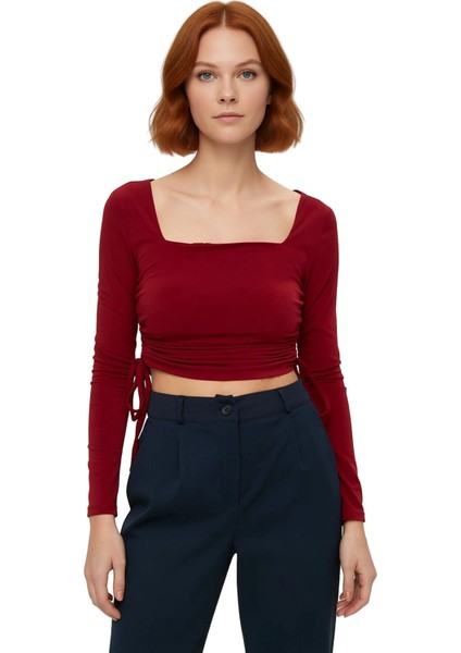 Kadın Fitted Kare Yaka Büzgülü Uzun Kollu Crop Örme Üst Giyim Kaliteli Şık Rahat Modern Zarif fiyatları