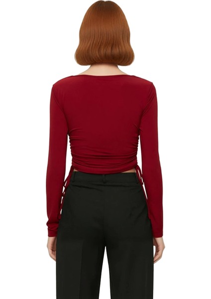 Kadın Fitted Kare Yaka Büzgülü Uzun Kollu Crop Örme Üst Giyim Kaliteli Şık Rahat Modern Zarif modelleri