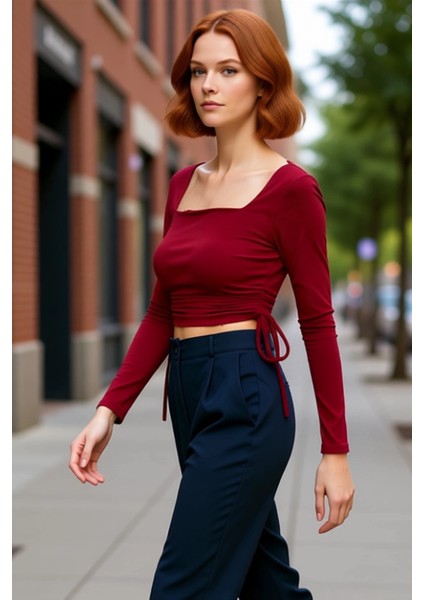 Kadın Fitted Kare Yaka Büzgülü Uzun Kollu Crop Örme Üst Giyim Kaliteli Şık Rahat Modern Zarif fırsatları