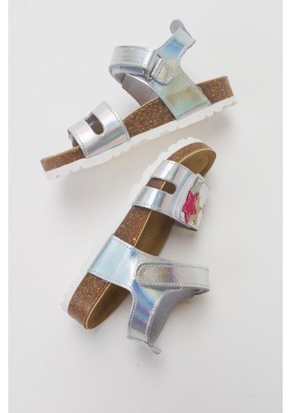 Kız Çocuk Gümüş Hakiki Deri Günlük Çocuk Sandalet