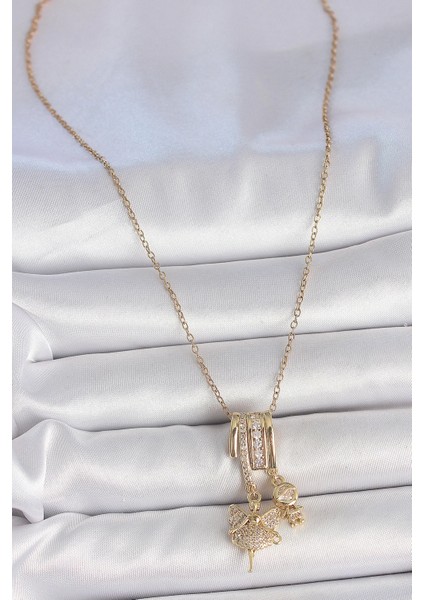 Bfs 316L Çelik Gold Renk Zirkon Taşlı Sallantı Melek Figür Charm Kadın Kolye