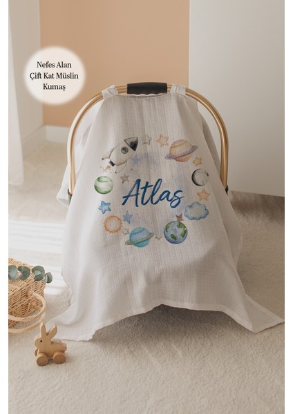 %100 Pamuk Isme Özel Çift Katlı Müslin Puset Örtüsü - Gezegenler