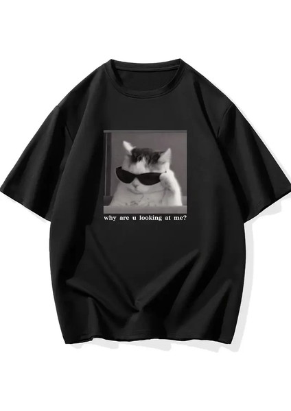 "neden Bana Bakıyorsun?" Komik Kedi Grafik Tişört - Dijital Baskılı Siyah Bol Kesim Streetwear Tişört, Erkekler Için Dört Mevsim Günlük Gömlek - Siyah