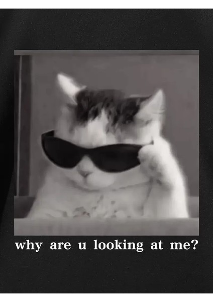"neden Bana Bakıyorsun?" Komik Kedi Grafik Tişört - Dijital Baskılı Siyah Bol Kesim Streetwear Tişört, Erkekler Için Dört Mevsim Günlük Gömlek - Siyah indirimleri