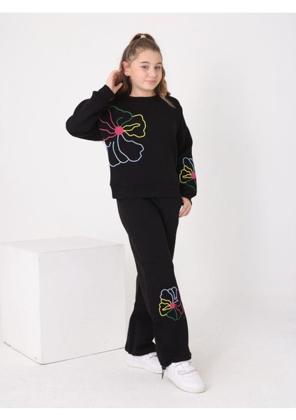 Rengarenk Çiçek Kız Çocuk Eşofman Takımı Siyah
