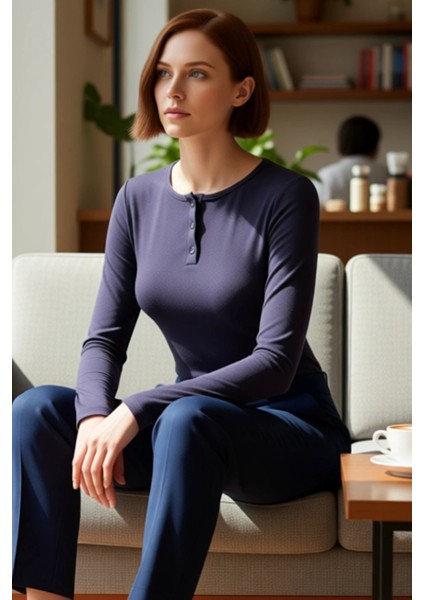 Kadın Fitted Uzun Kollu Bisiklet Yaka Düğmeli Örme Üst Kaliteli Şık Rahat Modern Zarif Günlük