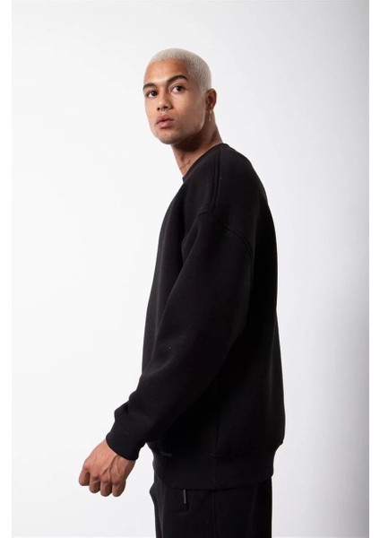 Unisex Biskilet Yaka Üç Iplik Sweatshirt - Siyah fırsatları