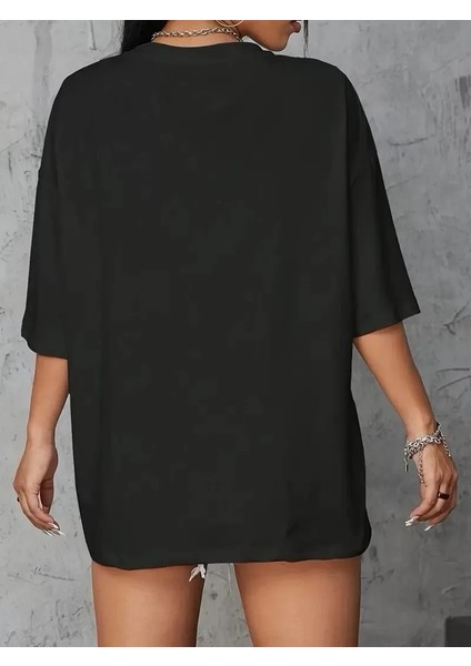 20/1 Penye Compack Baskılı Oversize Kahve Desenli Kadın Kısa Kol Yazlık T-Shirt - Siyah fırsatları