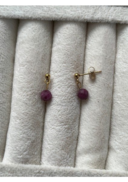 Yakut Taşı Çelik Top Küpe El Yapımı