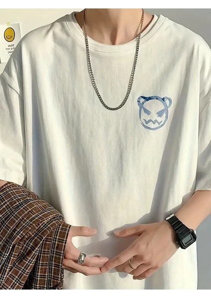 20/1 Penye Compack Bisiklet Yaka Kore Tarzı Sevimli Ayı Baskı Kısa Kol Erkek T-Shirt - Beyaz fırsatları