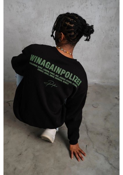 Erkek Oversize Sweatshirt – Siyah Renk | Ön ve Sırt Baskılı, Üç Iplik Içi Pamuklu Kumaş, Rahat Kalıp, Ribanalı Kışlık Sweat | Winagain Polizei Serisi - Siyah