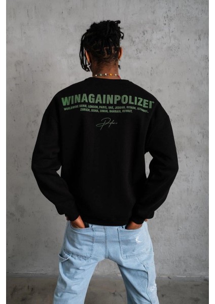 Erkek Oversize Sweatshirt – Siyah Renk | Ön ve Sırt Baskılı, Üç Iplik Içi Pamuklu Kumaş, Rahat Kalıp, Ribanalı Kışlık Sweat | Winagain Polizei Serisi - Siyah indirimleri