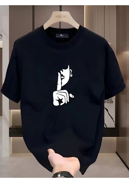 Rahat Bisiklet Yaka Tişört, Yaratıcı Karikatür Baskı - Yumuşak Polyester, Her Mevsim Giyilebilir- Siyah