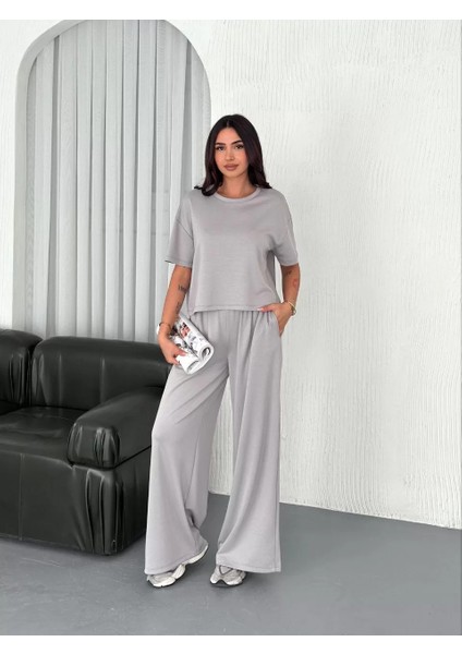 Osy Modal Yumuşak Dokulu Kumaş Bisiklet Yaka T-Shirt Bol Paça Pantalon Ikili Takım - Boyalı Gri fırsatları