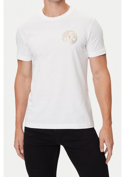 Erkek Regular Fit Altın Rengi Varak Baskı Amblemli Bisiklet Yaka T-Shirt - Beyaz