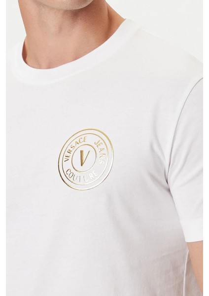 Erkek Regular Fit Altın Rengi Varak Baskı Amblemli Bisiklet Yaka T-Shirt - Beyaz fırsatları