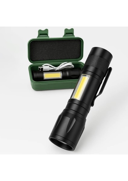 El, LED USB Şarjlı Ultra Güçlü Mini Boy Metal Kasa, 3 Modlu Işık Modülü, Klipsli Kutulu, Şarj Kablosu Dahil, Taşınabilir Küçük