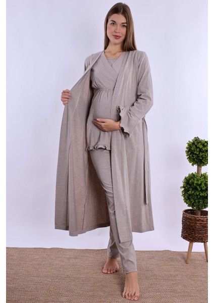 Bej Sabahlıklı Hamile Lohusa Pijama Takımı