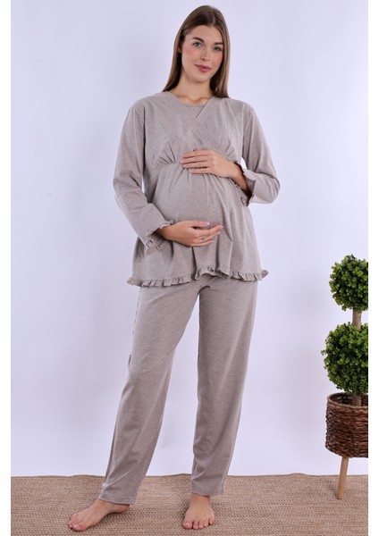 Bej Sabahlıklı Hamile Lohusa Pijama Takımı fırsatları